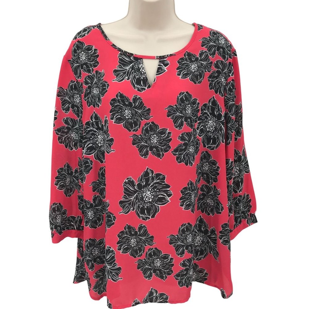 Laura Scott Womens Red Black Floral Chiffon Cutout 3/4 Sleeve Blouse Size XL